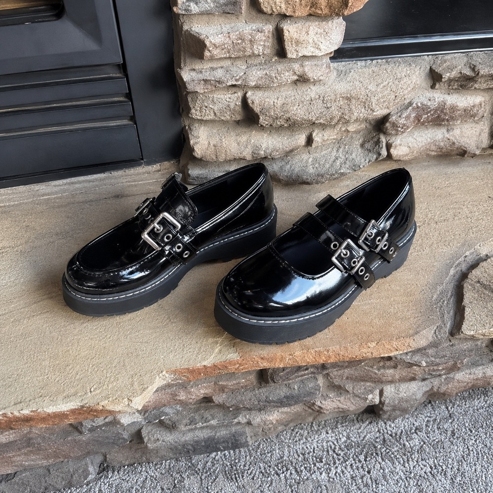 Torrid Black Patent Double Buckle Platform Mary Jane Lug Sole Shoes 9WW 40905009